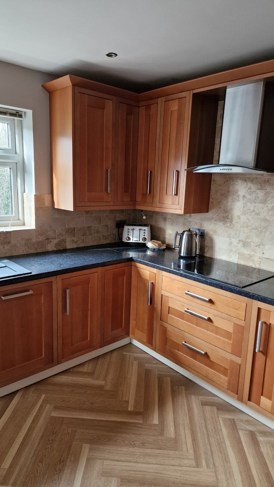 Real kitchen before revival, dated honey-wood units
